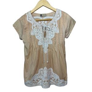 GOPI VAID Women’s Beaded & Embroidered Pleated Short Sleeve Top Tan Size Small